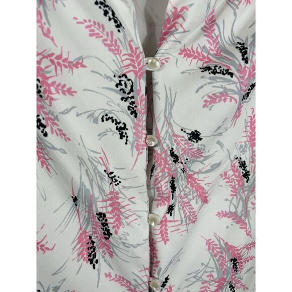Vintage 80s Top Size M Pink Floral Short Sleeve Polyester Button Up - Picture 5 of 10
